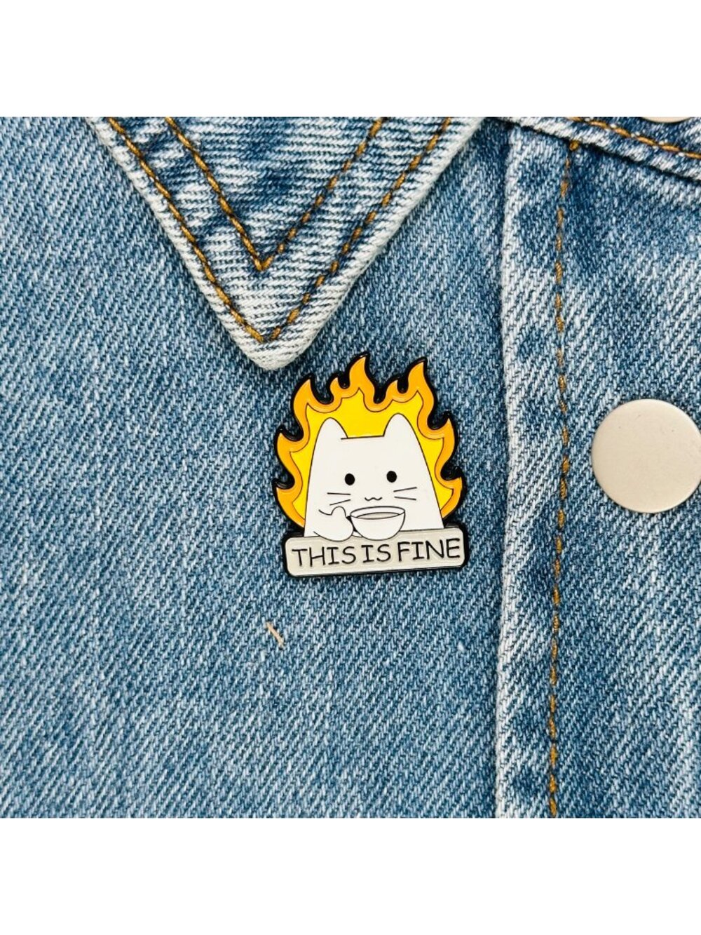 ⭐This Is Fine Cat On Fire Sipping Tea Enamel Pin Animal Broch White Cat New Oz